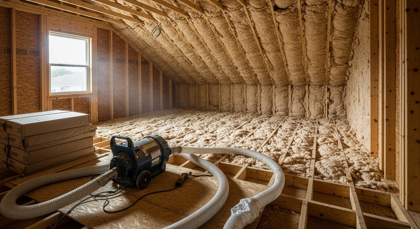Insulation contractor installing spray foam insulation in attic