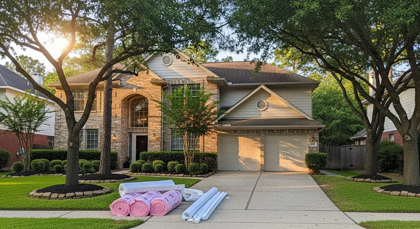 Suburban Tomball home with mature landscaping and driveway in afternoon light.