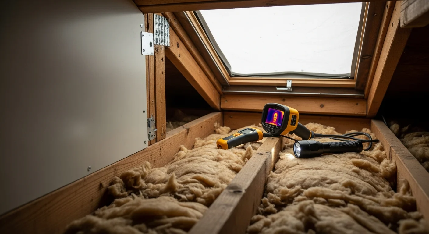 A Moreno Insulation technician inspecting attic insulation depth and coverage in a Tomball, Texas home. The image shows the attic floor with visible insulation, roof decking, and a flashlight used to check for air gaps and moisture staining.