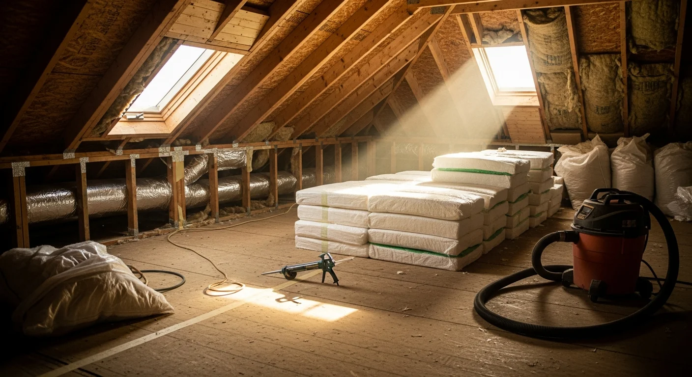 A Tomball attic after insulation replacement, showing fresh uniform coverage installed evenly across the attic floor joists. The old compressed material has been removed and new insulation fills the space to the correct depth for the Houston-area climate.