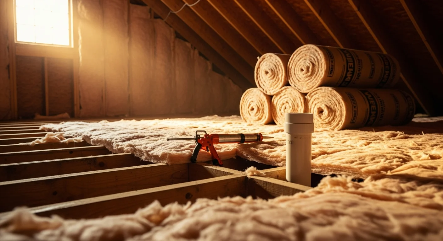 A Tomball, TX attic with freshly installed blown-in insulation covering the floor joists evenly from wall to wall. A contractor in protective gear works near the attic hatch of a single-family home.
