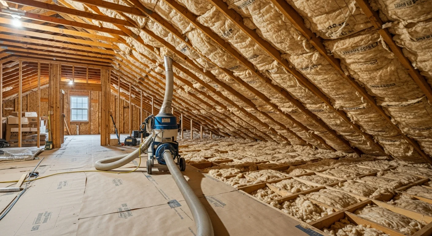 A Tomball attic floor evenly covered with freshly installed blown-in insulation, filling joist bays wall to wall. A Moreno Insulation technician in protective gear operates a blowing hose near the attic access point.