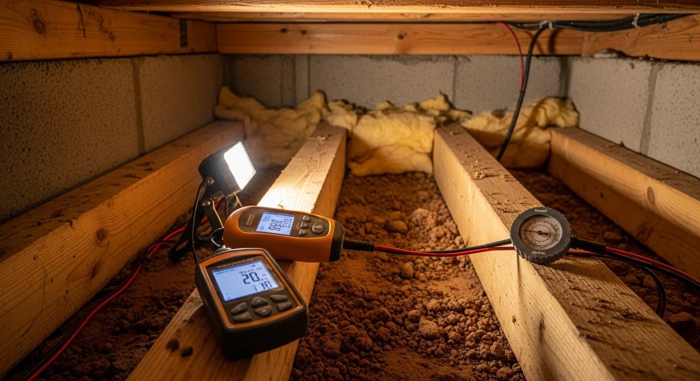 A Moreno Insulation technician inspecting the crawl space beneath a Tomball home, using a moisture meter to check floor joists and insulation for signs of humidity damage.