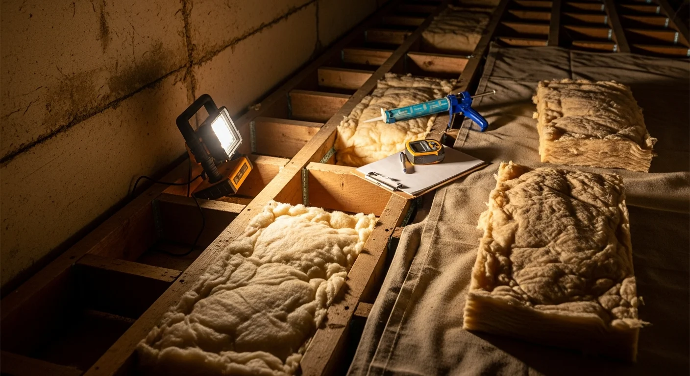 Freshly installed crawl space insulation covering the floor joists and subfloor of a pier-and-beam home in Tomball, Texas. The crawl space shows clean, evenly applied insulation material with no gaps along the framing.