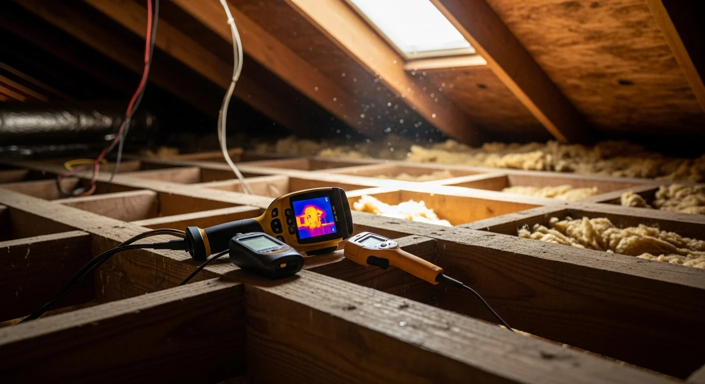 A Moreno Insulation technician inspecting attic insulation levels in a Tomball, Texas home during an energy efficiency assessment. The image shows exposed attic space with visible insulation and a clipboard used to document findings.