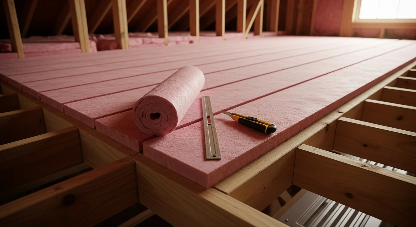 A Moreno Insulation technician fitting fiberglass batts snugly between attic floor joists in a Tomball, TX home. The batts are fully seated without compression, with soffit baffles visible along the eave line.