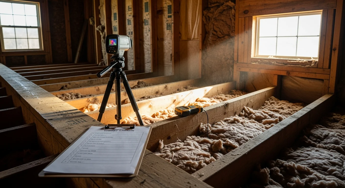A Moreno Insulation technician inspecting attic insulation levels inside a Tomball, TX home during a professional insulation consultation. The image shows exposed attic insulation being evaluated for depth and coverage in a residential setting.