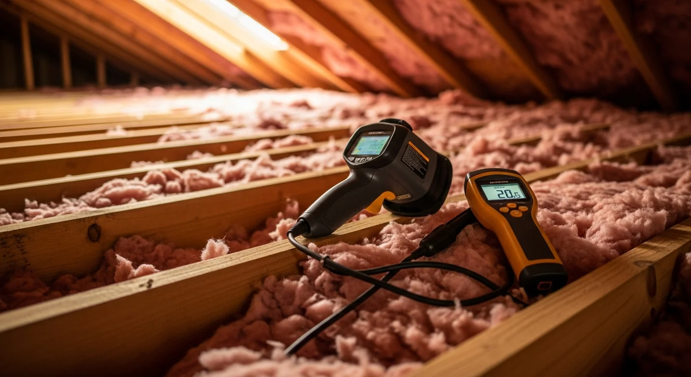 An insulation contractor inspecting attic insulation in a Tomball, TX home, checking coverage depth and looking for gaps or moisture damage. The attic space shows existing insulation across the floor joists under bright work lighting.