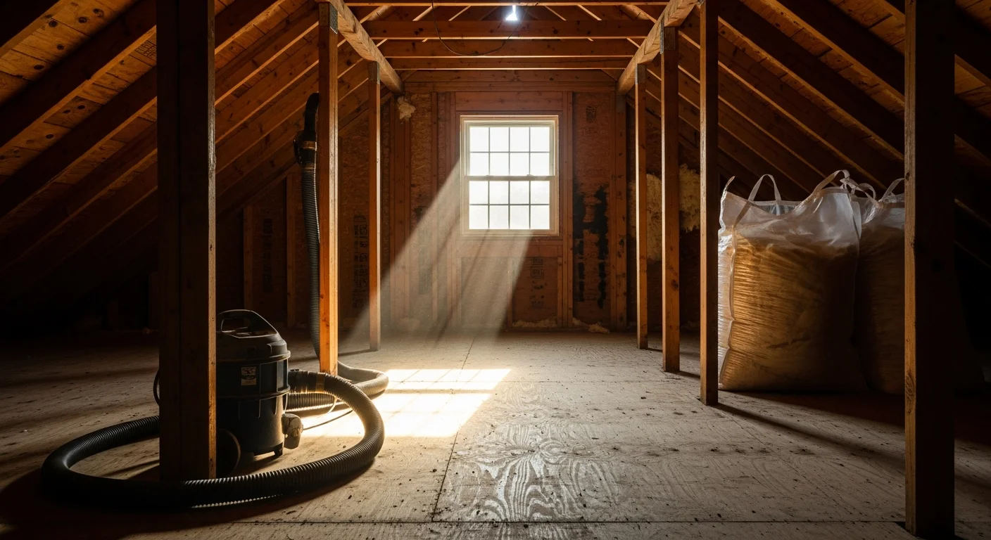 A Tomball attic with old insulation fully removed, showing a clean exposed floor deck ready for new installation. A crew member in protective gear operates commercial vacuum equipment near the attic access hatch.