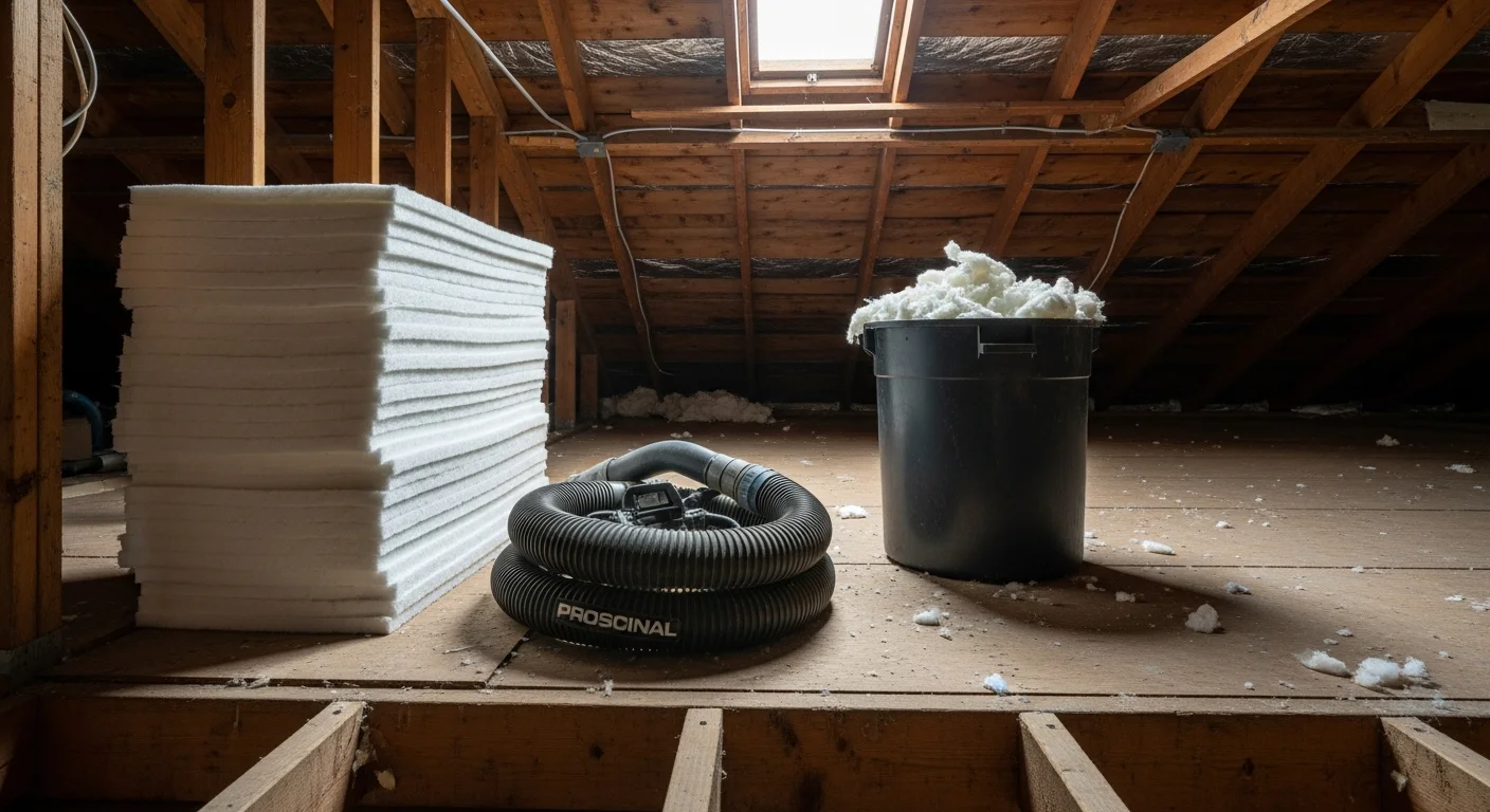 A Tomball attic after insulation replacement by Moreno Insulation, showing a uniform layer of fresh insulation covering the full attic floor with no gaps or bare joists visible. The clean, even coverage contrasts with the compacted and discolored old material that was removed.