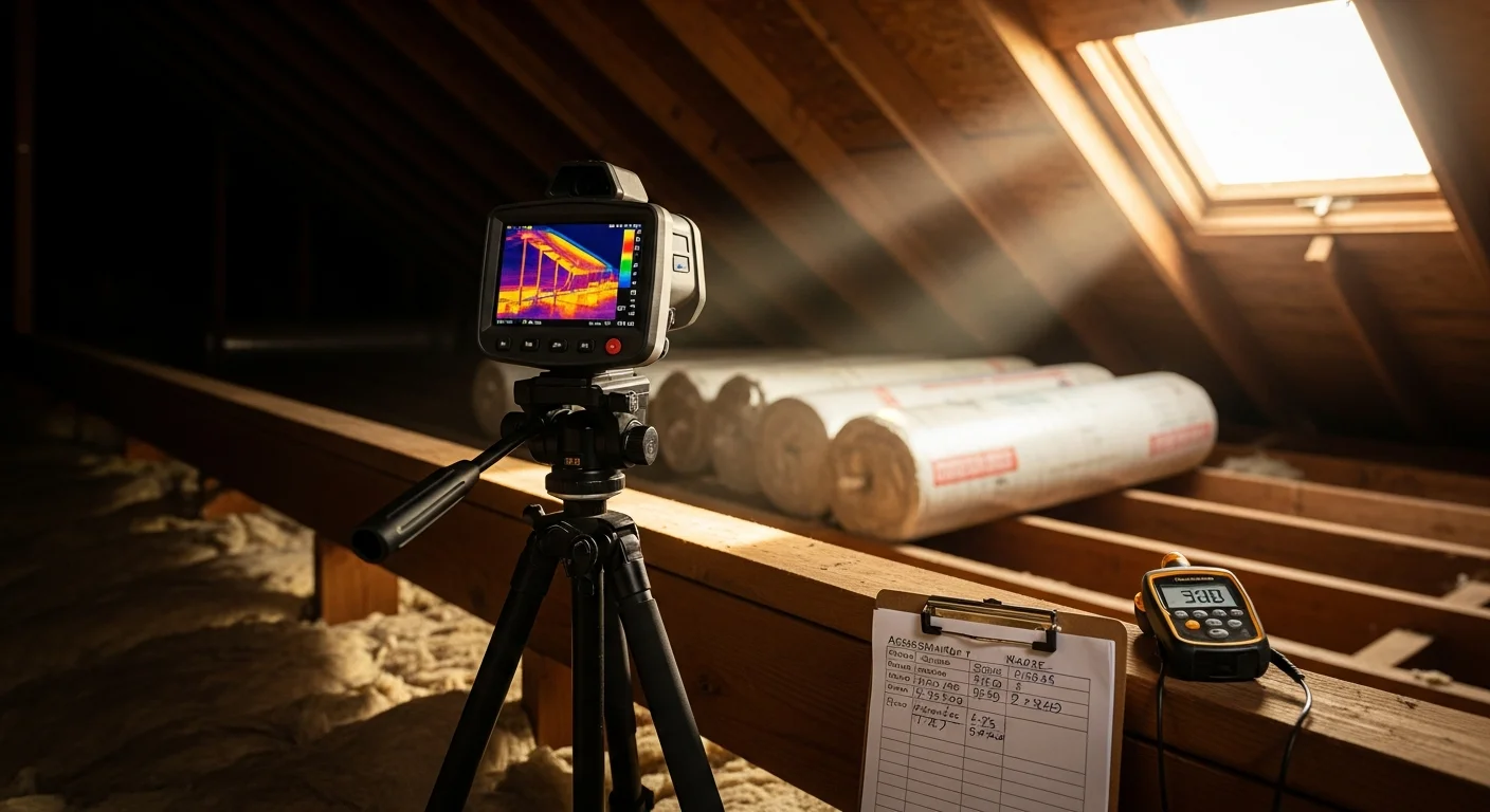 A Moreno Insulation consultant reviewing an attic assessment report with a Tomball homeowner, with visible attic space and insulation in the background. The image shows the planning consultation stage of an insulation upgrade project.