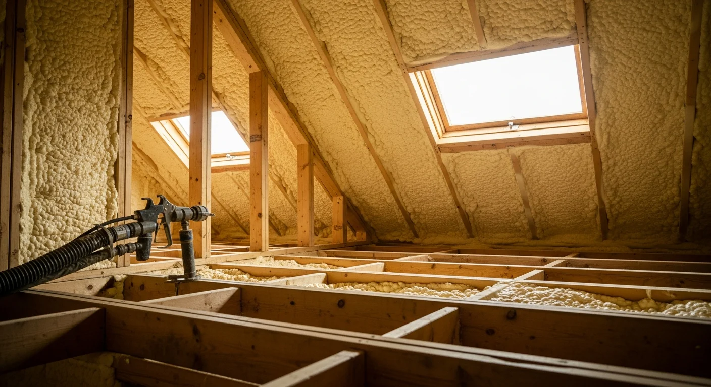 A Moreno Insulation technician applying spray foam insulation to the attic rafters of a residential home in Tomball, TX. The foam is shown expanding to fill gaps between the wood framing, creating a continuous airtight layer across the roof deck.