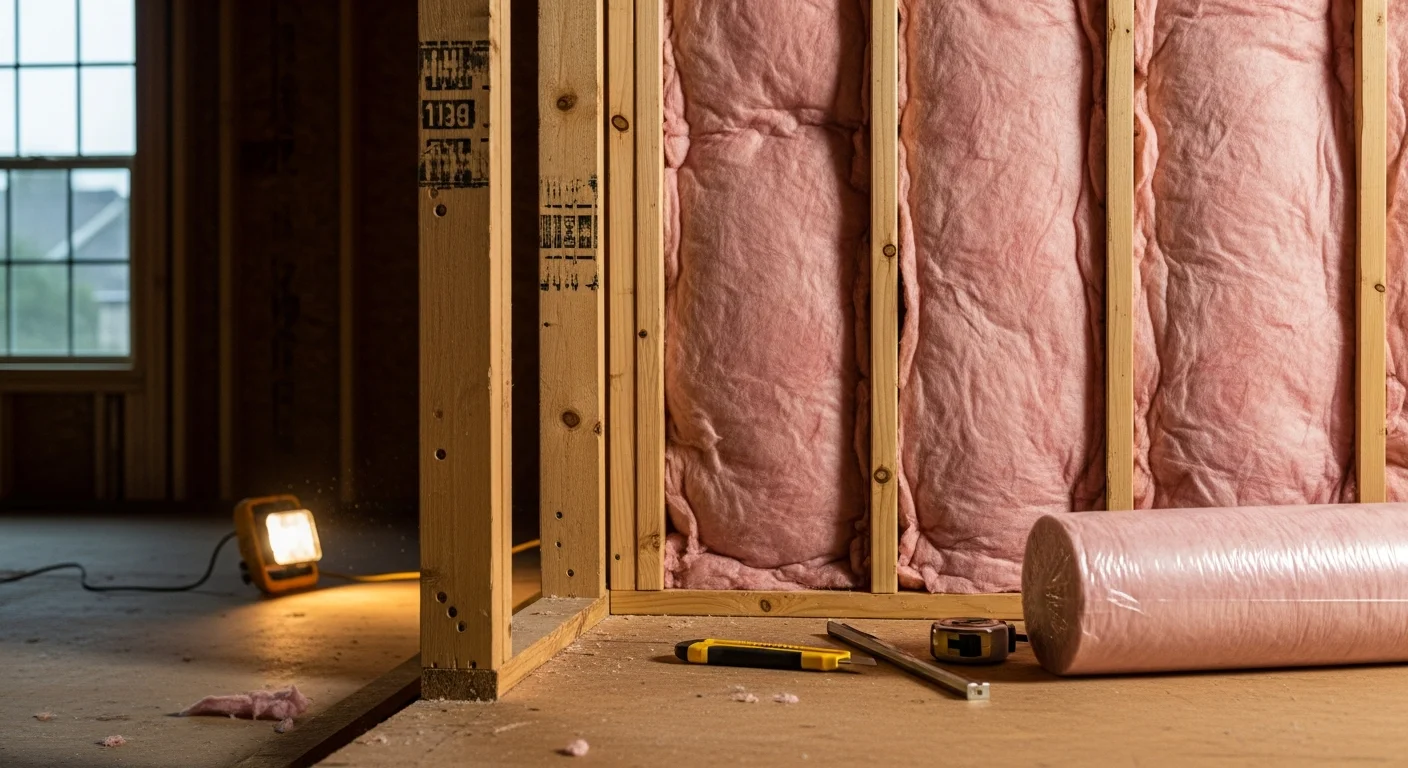 A Moreno Insulation technician filling an exterior wall cavity with insulation in a Tomball, TX home. The wall studs are visible with insulation material packed evenly into each bay before drywall installation.